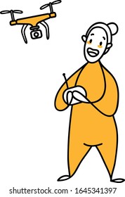 
 Vektorillustration. Moderner Beruf, Drohnenfahrer. Professionalität der Zukunft. Lineares Zeichen, das eine Drohne steuert.