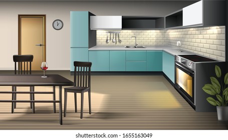 Vector illustration of modern realistic kitchen interior  with utensils, oven with light, cabinets, shelves with bar stools and bar table. 