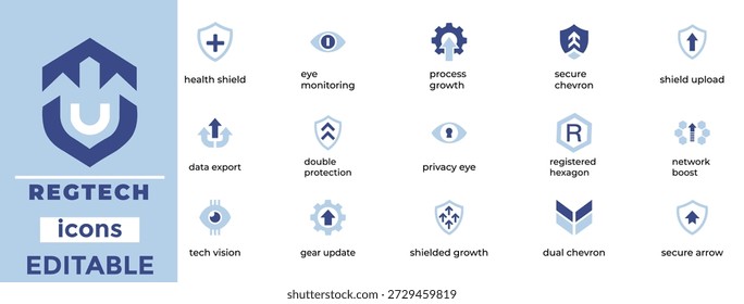 Ilustración vectorial de un moderno conjunto de iconos de RegTech con escudos de salud, monitoreo ocular, crecimiento de procesos, chevrones seguros, protección de la privacidad y símbolos de red para cumplimiento normativo y fintech. Conjunto de iconos en estilo monoline minimalista limpio, blanco y negro, aislado en fondo transparente para UI, UX, App y tableros.