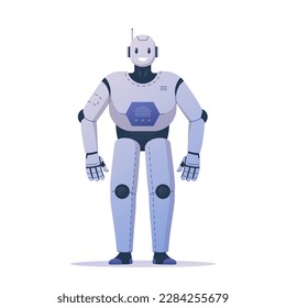 Vector illustration of a modern robot that smiles. High-tech robot, ready to perform various tasks and projects. Modern robot design. Technological possibilities in the field of robotics.