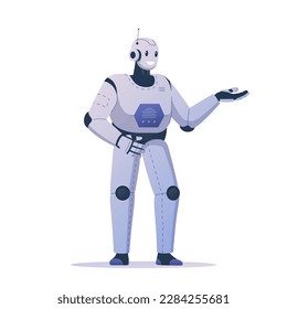 Imagen vectorial de un robot moderno que sonríe y demuestra algo con su mano. Robot de alta tecnología capaz de realizar varias tareas. Posibilidades tecnológicas en el campo de la robótica.