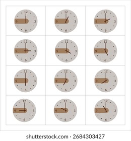 Ilustración vectorial de un moderno reloj de pared redondo con agujas claras de hora y minuto. Perfecto para infografías, pósters, presentaciones, íconos de App, Plantillas de tiempo y decoración gráfica.