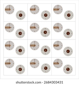 Ilustración vectorial de un moderno reloj de pared redondo con agujas claras de hora y minuto. Perfecto para infografías, pósters, presentaciones, íconos de App, Plantillas de tiempo y decoración gráfica.