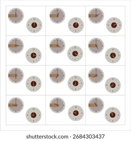 Ilustración vectorial de un moderno reloj de pared redondo con agujas claras de hora y minuto. Perfecto para infografías, pósters, presentaciones, íconos de App, Plantillas de tiempo y decoración gráfica.
