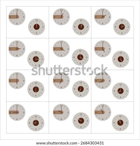 Vector illustration of a modern round wall clock with clear hour and minute hands. Perfect for infographics, posters, presentations, app icons, time templates, and graphic decoration.