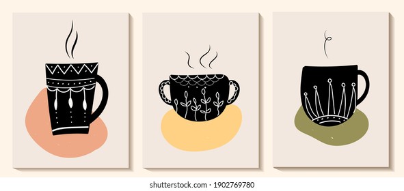 vector illustration in modern scandinavian style. minimalism. abstract collection of cups for tea, drink with ornament and pattern.