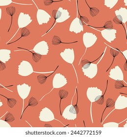 Vector illustration. Modern seamless floral pattern for printing, pink, terracotta, beige, white tones. Background flowers, patterns, wallpaper, design paper