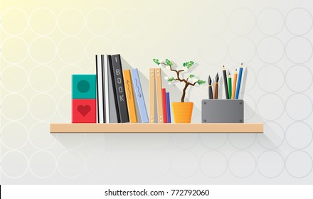 Vector Illustration. Of Modern Shelves And Book With Wallpaper