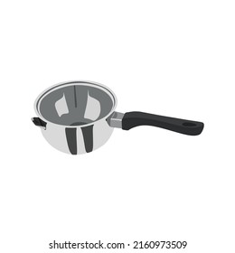 vector illustration, modern silver saucepan with black handle, flat cartoon design style.