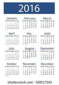 Vector illustration of a modern and simple calendar 2016