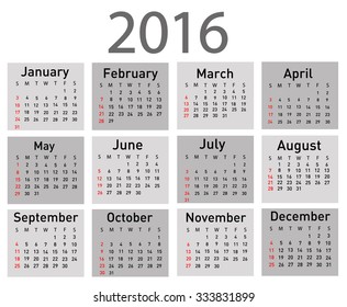 Vector illustration of a modern and simple calendar 2016
