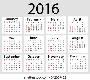 Vector illustration of a modern and simple calendar 2016