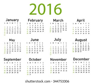 Vector illustration of a modern and simple calendar 2016