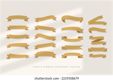 Vector Illustration, Modern simple ribbon collection, set of 20 gold color ribbons and white background shadow overlay, flat style icon symbol.