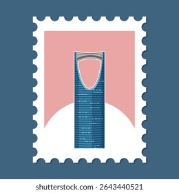 Vector illustration of a modern skyscraper on a stylized postage stamp with pastel colors and clean lines
