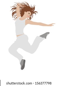 Vector illustration of modern slim hip-hop style teenage girl jumping dancing isolated on a white studio background