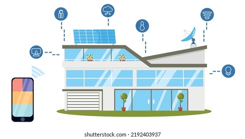 Vector illustration of a modern smart house. Cartoon urban buildings which are controlled by telephone, have satellite communication, solar panels, regulate temperature and light.
