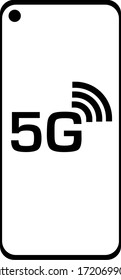 Vector illustration of modern smartphone with a front camera ditch and 5G logo showing the modern and fast wireless internet connection