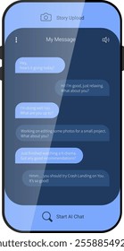 A vector illustration of a modern smartphone messaging interface featuring chat bubbles in blue tones, a story upload icon, and an AI chat start button