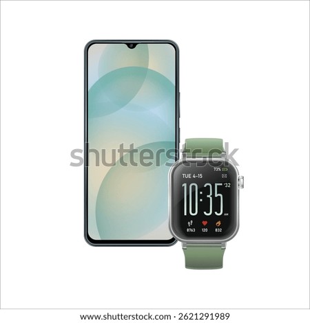 Vector illustration of a modern smartphone paired with a smart fitness watch. The phone features a bezel-less full-screen design, while the smartwatch shows health tracking data on its display.