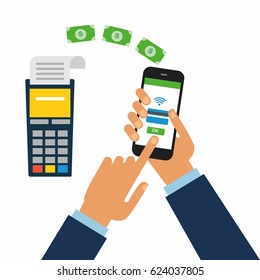 vector illustration of modern smartphone with processing of mobile payments from credit card on the screen. Online shopping concept
