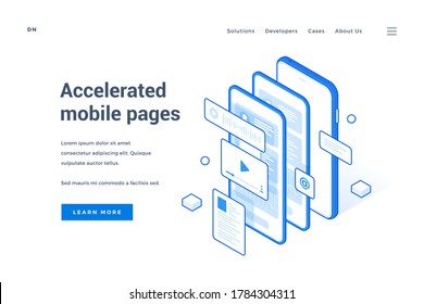 Vector illustration of modern smartphone with several fast websites and applications on advertisement banner for accelerated mobile pages technology. Isometric web banner, landing page template