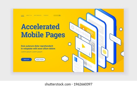 Vector illustration of modern smartphone with several fast websites and applications on advertisement banner for accelerated mobile pages technology. Isometric web banner, landing page template