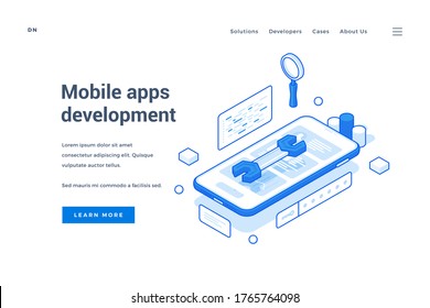 Vector illustration of modern smartphone with wrench on screen near description and link button on banner advertising mobile apps development service. Isometric web banner, landing page template