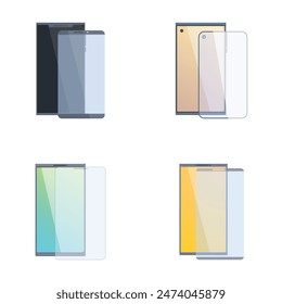 Vector illustration of modern smartphones with screen protectors in various views