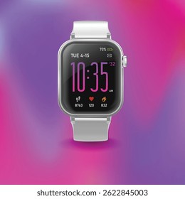 Vector illustration of a modern smartwatch with fitness tracking UI and digital clock on a vibrant gradient background. Concept for wearable tech and health monitoring.