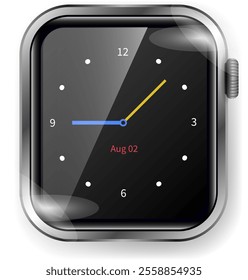 A vector illustration of a modern smartwatch with a sleek black analog clock face, featuring bold hour and minute hands