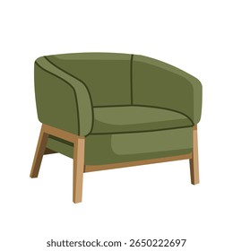 Vector illustration of a modern sofa armchair with wooden legs. Minimalist furniture design perfect for interior decor, home layout, catalogs, or design presentations.
