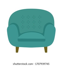Vector illustration of modern soft upholstered armchair from turquoise velvet fabric with button-tufted backrest padded seat on wooden legs. Home interior furniture in retro vintage style