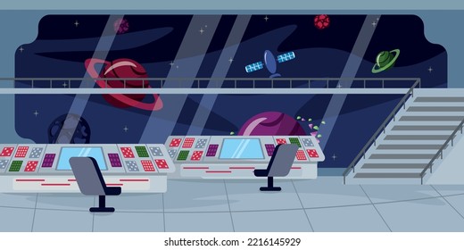 Vector illustration of the modern space station interior. Cartoon interior with a large command panel, armchairs, a platform for viewing space and planets.