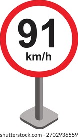 Ilustração vetorial de um sinal moderno de limite de velocidade mostrando km-h. Sinal de trânsito circular com borda vermelha e texto preto sobre fundo branco, ideal para projetos de transporte, estrada e segurança.