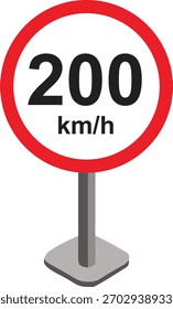 Ilustración vectorial de una señal de tráfico de límite de velocidad moderna que muestre km-h. Señal de tráfico circular con borde rojo y texto negro sobre fondo blanco, ideal para proyectos de transporte, carreteras y seguridad.