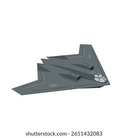 Vector illustration of a modern stealth bomber aircraft in dark grey. Futuristic military plane with angular design, isolated on white background