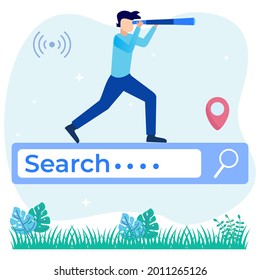 Vector illustration of modern style character of person tracing looking through binoculars. Business metaphor for search or research, development, web browsing.