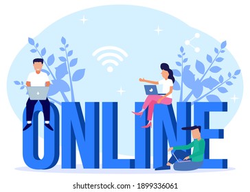 Vector illustration of modern style internet connection. People characters are online together.