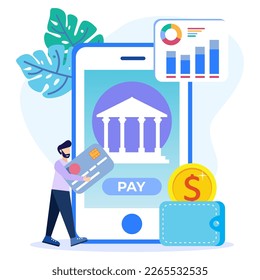 Vector illustration of modern style mobile banking concept of person character using app for money transfer and online banking