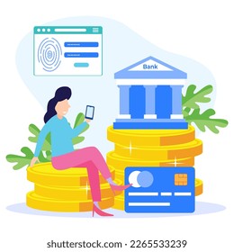 Ilustración vectorial del concepto moderno de la banca móvil del personaje de la persona que utiliza la aplicación para la transferencia de dinero y la banca en línea