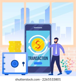 Vector illustration of modern style mobile banking concept of person character using app for money transfer and online banking