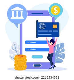 Vector illustration of modern style mobile banking concept of person character using app for money transfer and online banking