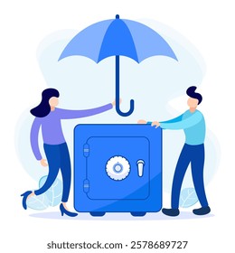 Vector illustration of modern style, money protection concept, treasure, financial savings insurance, safe business economy for business people.