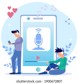 Vector illustration of modern style Music application, happy people listening to music with a big smartphone, having fun with a headset.