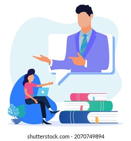 Vector illustration of modern style online consulting Manager leading a work team. Business strategy and planning. Long distance communication.