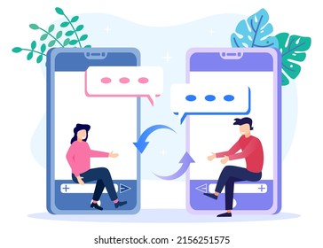 Vector illustration of modern style online messaging, communication via Internet, social media, chat, video, news, website, make friends, mobile web graphics - Vector.