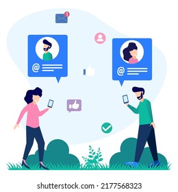 Imagen vectorial de la mensajería en línea de estilo moderno, comunicación vía Internet, medios sociales, chat, video, noticias, sitio web, hacer amigos, gráficos web móviles - Vector.