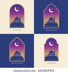 Ilustración vectorial de tarjetas de felicitación de estilo moderno Ramadan Kareem y Eid Mubarak. Ventanas y arcos con luna, cúpula de mezquita y patrón islámico