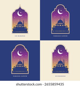 Vector illustration of modern style Ramadan Kareem and Eid Mubarak greeting cards. Windows and arches with moon, mosque dome and Islamic pattern